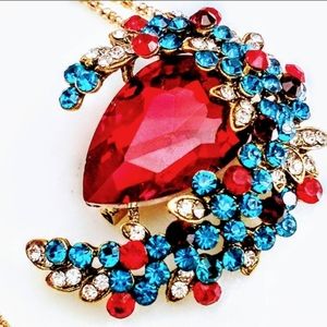 Betsey Johnson Blue/Red Crystal Flower Brooch Necklace